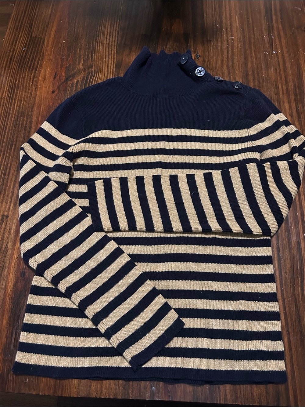 LRL Lauren Jeans Co. Ralph Lauren Navy and Gold womans Button-Shoulder Sweater